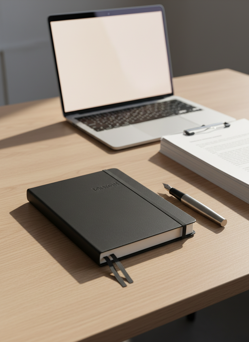 A meticulously arranged writing desk with a closed, matte-black hardcover notebook centered on a smooth light oak surface, a fine stainless-steel pen aligned precisely beside it. A slim laptop with a blank, softly glowing screen rests in the background, slightly out of focus, along with a neat stack of printed manuscript pages. Soft natural daylight from an unseen window washes across the desk from the left, creating clean, linear shadows that emphasize the desk’s edges and the notebook’s crisp corners. The atmosphere is calm, deliberate, and professional, suggesting focused preparation for serious writing. Photographic realism with a clean, modern, corporate aesthetic, shot at eye level with a shallow depth of field and balanced composition, evoking the beginning of a structured writing journey.