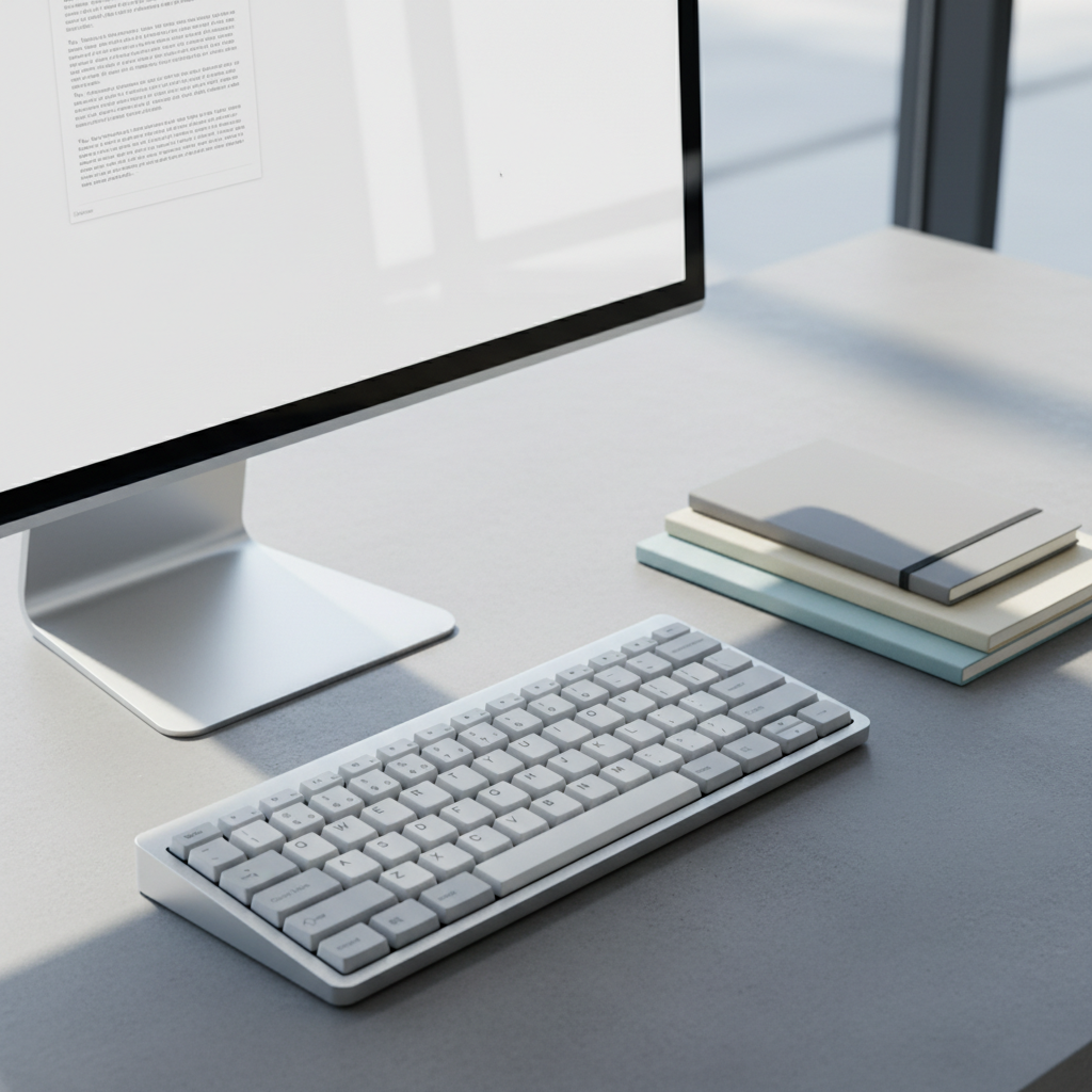 A close-up of a minimalist, high-quality mechanical keyboard with white keycaps and subtle gray legends, positioned in front of a ultra-thin silver monitor displaying a blank document interface. The desk surface is a cool, matte concrete slab, uncluttered except for a single, neatly stacked trio of neutral-toned notebooks. Cool daylight from a large nearby window creates gentle reflections along the monitor’s brushed metal frame and casts faint, orderly shadows behind the keyboard. The mood is focused and analytical, hinting at drafting and revision of professional writing. Photographic realism with clean lines, centered composition, and a shallow depth of field, the background softly blurred to keep attention on the tools of digital writing while maintaining a sleek, corporate aesthetic.
